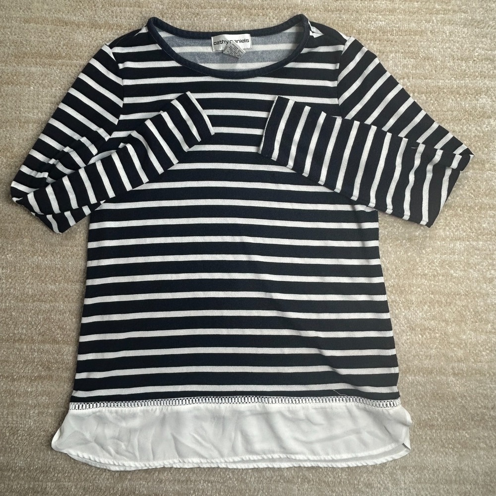 Cathy Daniels Womens Navy White Striped Long Sleeve Layered Hem Top Size S
